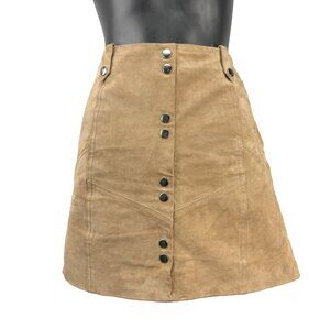 MANGO Genuine Suede Leather Tan Camel Stud Front Belt Loops Lined Mini Skirt S